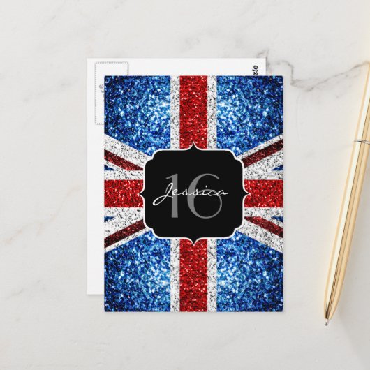 UK-Flagge rot weiß blau Glitzer Glitzer Sweet 16 Postkarte (Vorderseite/Rückseite Beispiel)