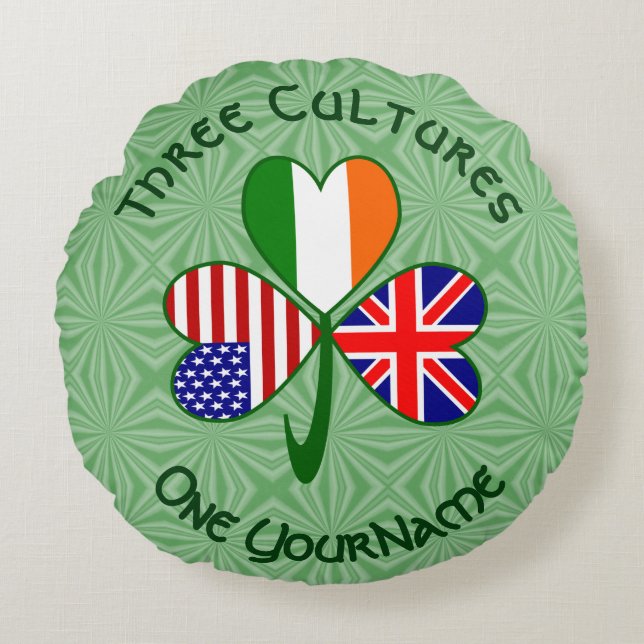 UK Ireland USA Flaggen Kleeblatt Personalisiert Rundes Kissen (Vorderseite)