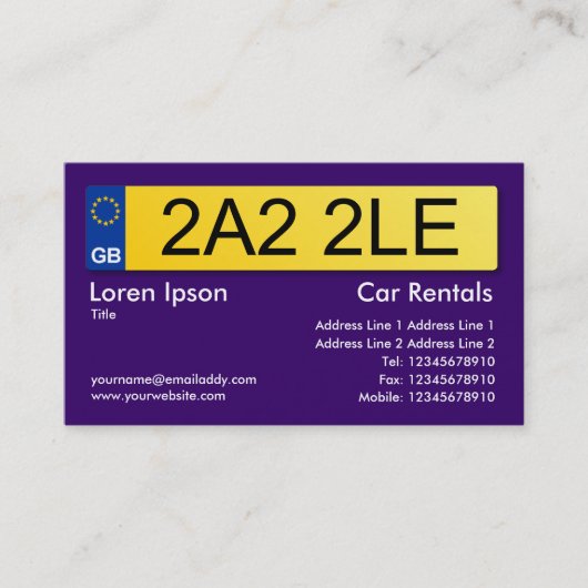 UK Number Plate - Dunkle Violette Visitenkarte (Vorderseite)