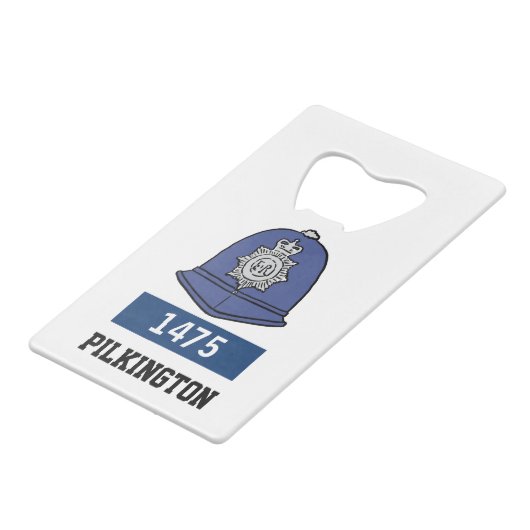 UK Police Constable Helmet - Name und Nummer hinzu Geldbeutel Flaschenöffner (Vorderseite Schrägansicht)