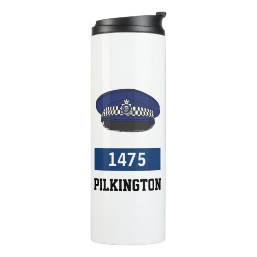 UK Police Flat Cap - Zahl und Name hinzufügen. Pol Thermosbecher (Nach links gedreht)