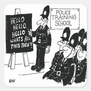 UK Police Training School Funny Cartoon Quadratischer Aufkleber