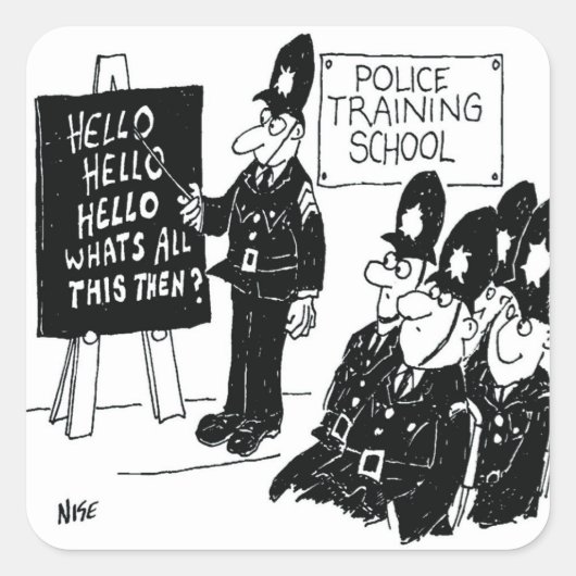 UK Police Training School Funny Cartoon Quadratischer Aufkleber (Vorderseite)