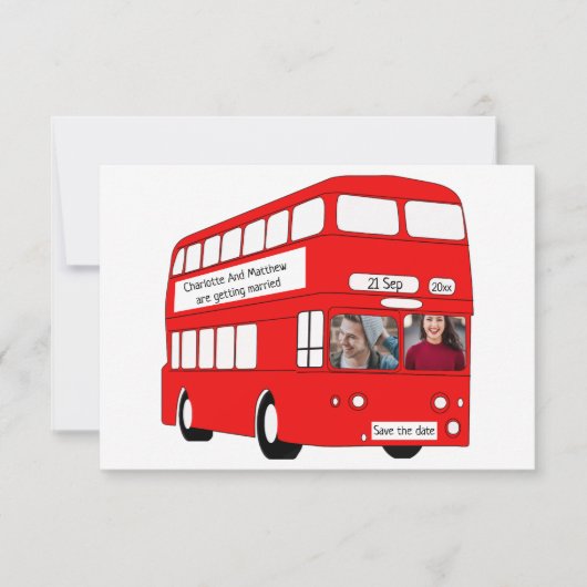 UK Red London Bus Britisch Save the Date Wedding Ankündigung (Vorderseite)