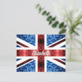 UK rote blaue Glitzer Custom-Name Postkarte (Stehend Vorderseite)