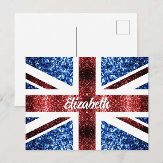 UK rote blaue Glitzer Custom-Name Postkarte (Vorne/Hinten)