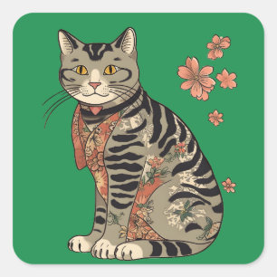 Ukiyo-e Cat und Blume Muster Vol.2 Quadratischer Aufkleber