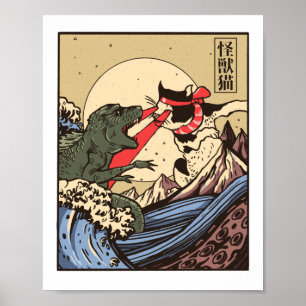 Ukiyo-e Catzilla Samurai gegen riesigen Kaiju Poster
