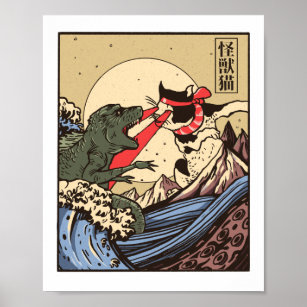 Ukiyo-e Catzilla Samurai versus Giant Kaiju Poster