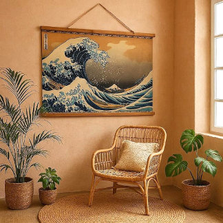 Ukiyo-e Great Wave Japanese Hokusai Ocean Decor  Wandteppich Mit Holzrahmen