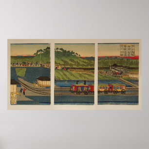 Ukiyo-e Triptych: Dampfzug am Takanawa-Ufer Poster