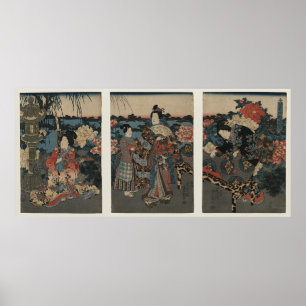 Ukiyo-e Triptychon: Der Garten der Peonies Poster