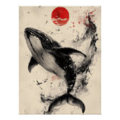 Ukiyo-e Whale Art with Red Sun & Ink Splatter Poster (Vorderseite)