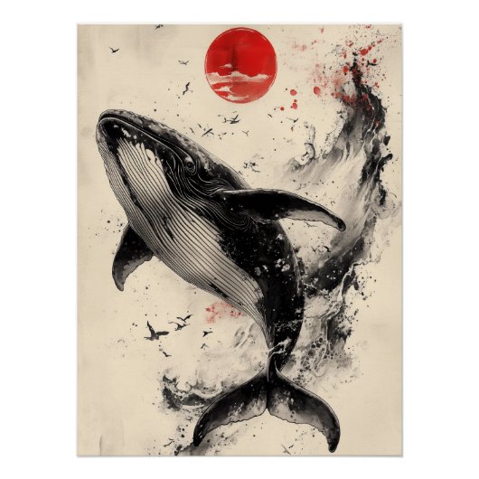 Ukiyo-e Whale Art with Red Sun & Ink Splatter Poster (Vorderseite)