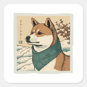 UKIYOE JAPANESE: SHIBA INU QUADRATISCHER AUFKLEBER