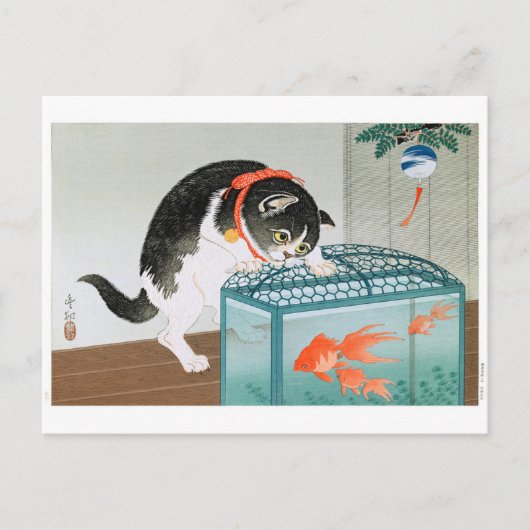 Ukiyoe [Koson] Cat and Goldfish Postkarte (Vorderseite)