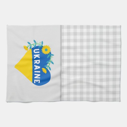 Ukraine Blume Heart Gray Gingham Geschirrtuch (Horizontal)