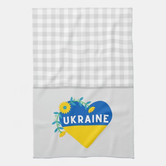 Ukraine Blume Heart Gray Gingham Geschirrtuch (Vertikal)