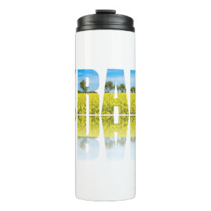 Ukraine-Etikett mit blauem Himmel und gelbem Feld Thermosbecher