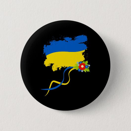 Ukraine-Flagge mit volkstümlichen Blumen Ukrainisc Button (Vorderseite)