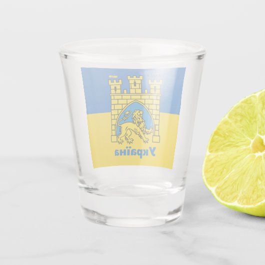 Ukraine & Lwiwer Stadt - Wappen, ukrainische Flagg Schnapsglas (Rückseite)