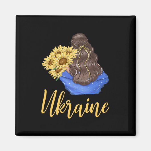 Ukraine Mädchen mit Sonnenblumen Blaue Gelbe Farbe Magnet (Vorne)