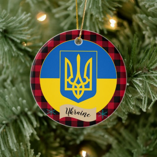 Ukraine, Roter Büffel kariert und ukrainische Flag Keramik Ornament (Baum)