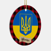 Ukraine, Roter Büffel kariert und ukrainische Flag Keramik Ornament (Rechts)