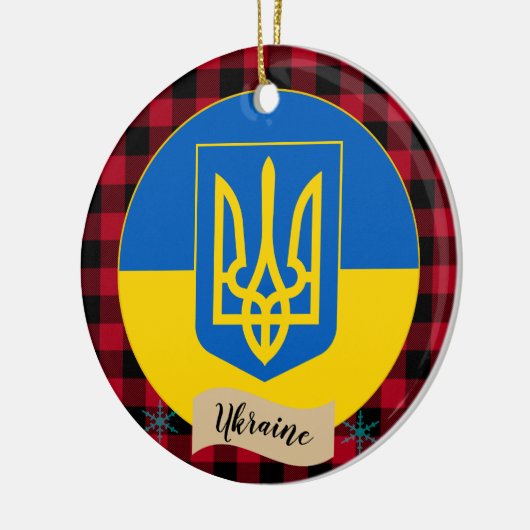 Ukraine, Roter Büffel kariert und ukrainische Flag Keramik Ornament (Links)