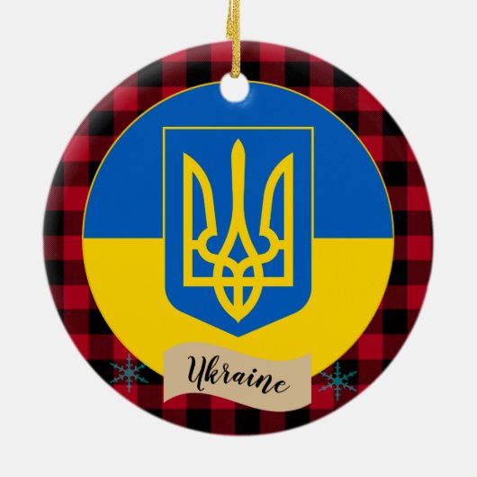 Ukraine, Roter Büffel kariert und ukrainische Flag Keramik Ornament (Hinten)