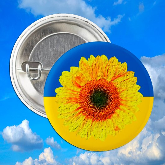 Ukraine - Sonnenblume und ukrainische Flagge / Blu Button