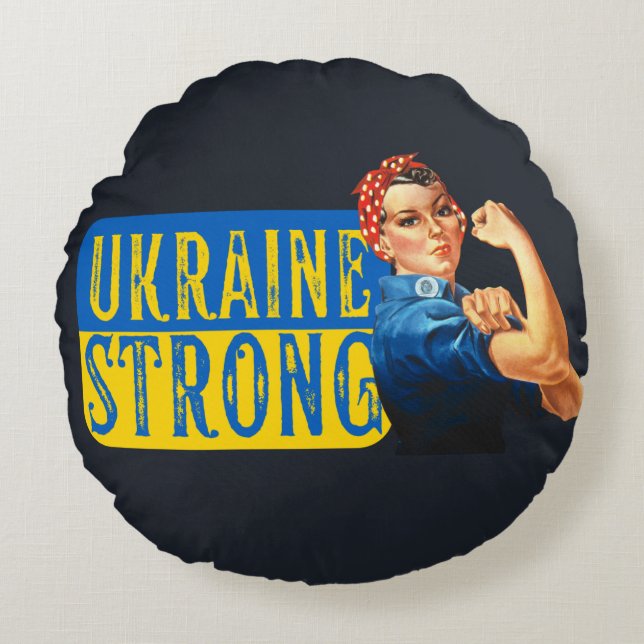 Ukraine Strong Rosie the Riveter Rundes Kissen (Vorderseite)
