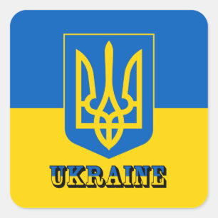 Ukraine, Tryzub, ukrainische Flagge/Wappen-Coat Quadratischer Aufkleber