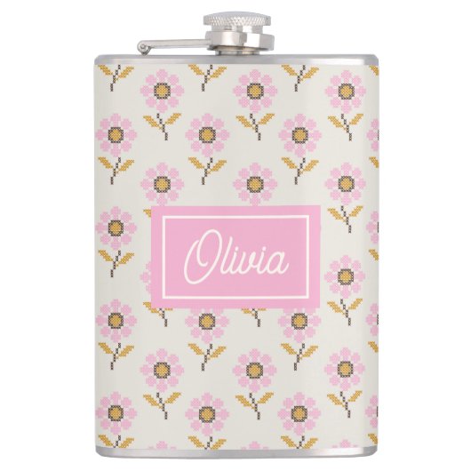 Ukrainian Folk Cross Stitch Floral Pattern Flachmann (Vorderseite)