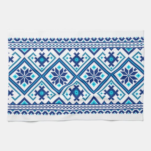 Ukrainian traditional vushuvanka folk pattern blue geschirrtuch (Horizontal)