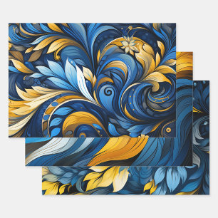 Ukrainianische blau-gelbe Kunstmotive 3 Geschenkpapier Set