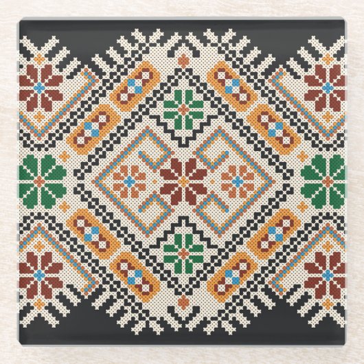 Ukrainisch Cross-Stitch: Ethnisch handgefertigte M Glasuntersetzer (Vorderseite)