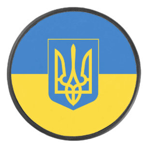 Ukrainische Flagge mit Wappen Eishockey Puck