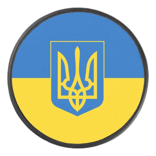 Ukrainische Flagge mit Wappen Eishockey Puck (Vorderseite)