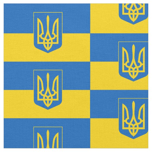 Ukrainische Flagge mit Wappen Stoff (Nahaufnahme)