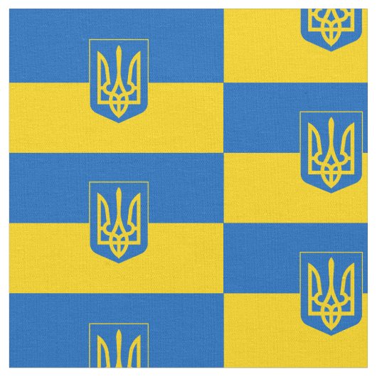 Ukrainische Flagge mit Wappen Stoff (Nahaufnahme)