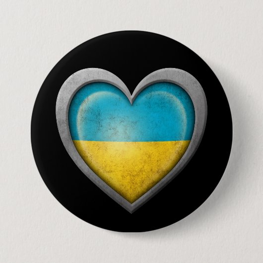 Ukrainische Herz-Flagge mit Metalleffekt Button (Vorderseite)