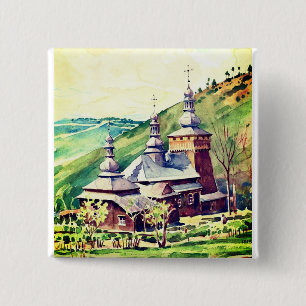 Ukrainische Holzkirche Vintage Architektur Button