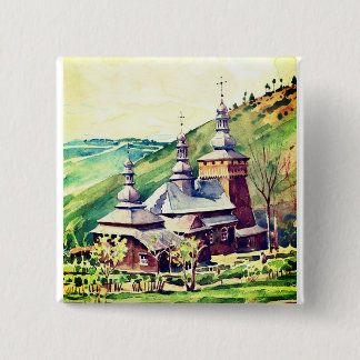 Ukrainische Holzkirche Vintage Architektur Button