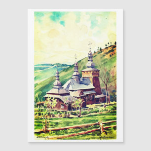 Ukrainische Holzkirche Wasserfarbe 1964 Magnetkarte