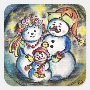 Ukrainische Schneemann-Familie Quadratischer Aufkleber