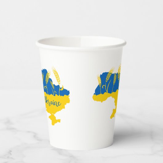 Ukrainische Typografie und Weizenohr auf ukrainisc Pappbecher (Links)