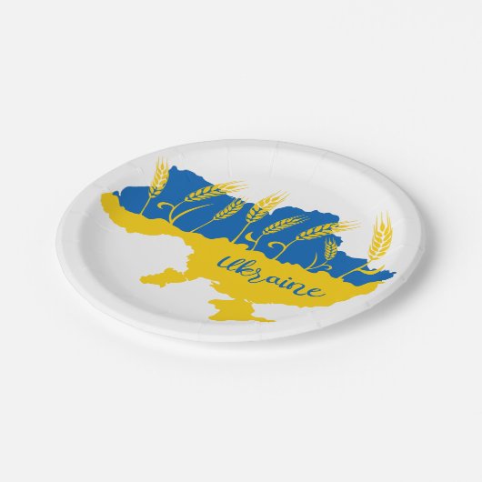 Ukrainische Typografie und Weizenohr auf ukrainisc Pappteller (Schrägansicht)