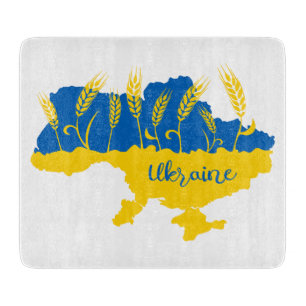 Ukrainische Typografie und Weizenohr auf ukrainisc Schneidebrett