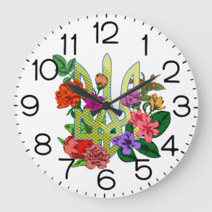 Ukrainischer Heraldik-Dreizack Tryzub blühende Blu Große Wanduhr